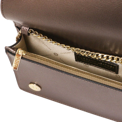 Opera - Leather clutch with chain strap in Palmellato calfskin leather