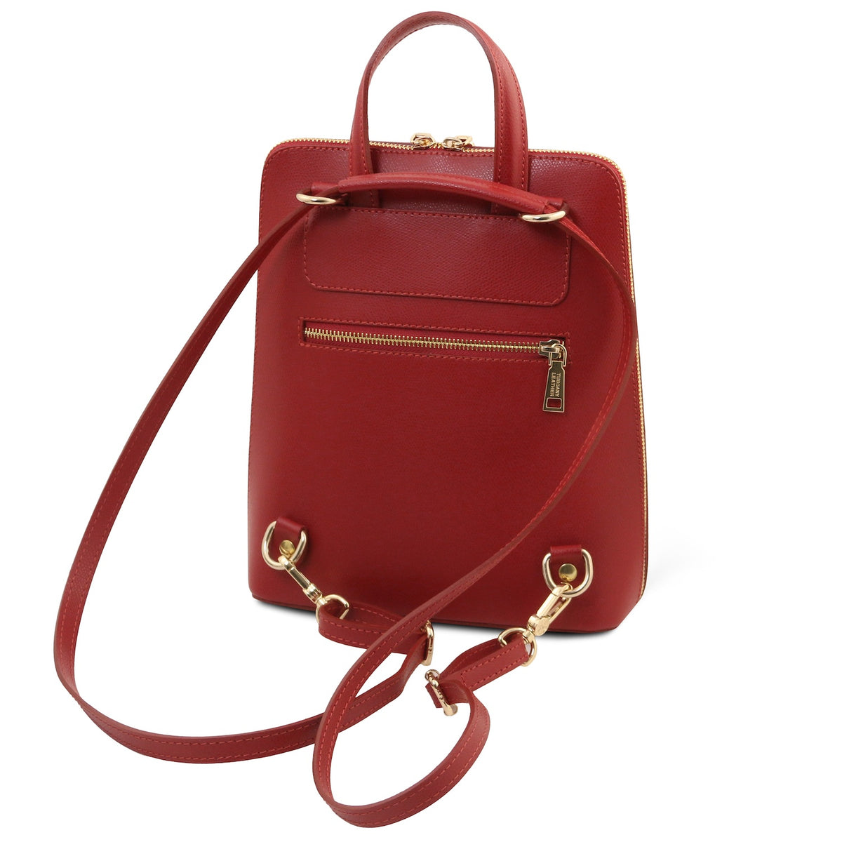 A red leather backpack with gold-tone hardware, featuring a top handle, a front zippered pocket, and an adjustable shoulder strap, shown on a plain white background.