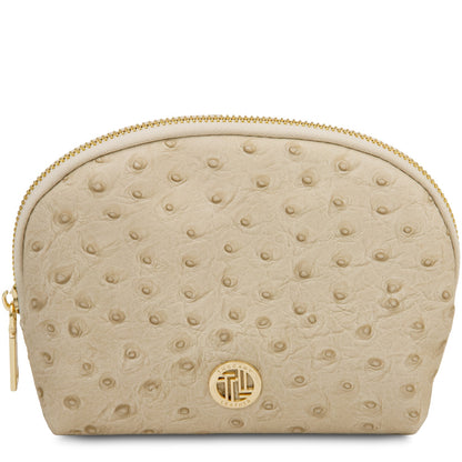 Vera - Leather toiletry case in ostrich-print leather