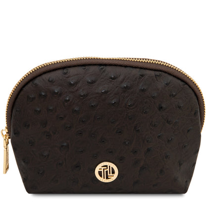Vera - Leather toiletry case in ostrich-print leather