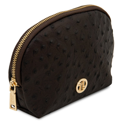 Vera - Leather toiletry case in ostrich-print leather