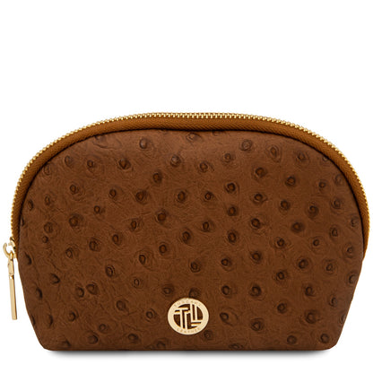 Vera - Leather toiletry case in ostrich-print leather