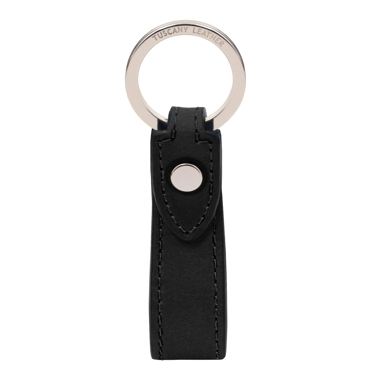 A black leather keychain with a silver-tone metal split ring and snap button closure, featuring the brand name 'TUSCANY LEATHER' engraved on the ring, set against a plain white background.