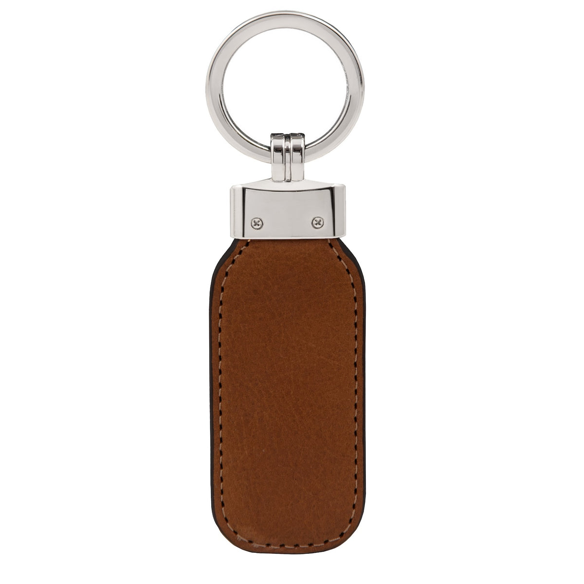 A brown leather keychain with a silver-tone metal ring and connector, shown against a plain white background.