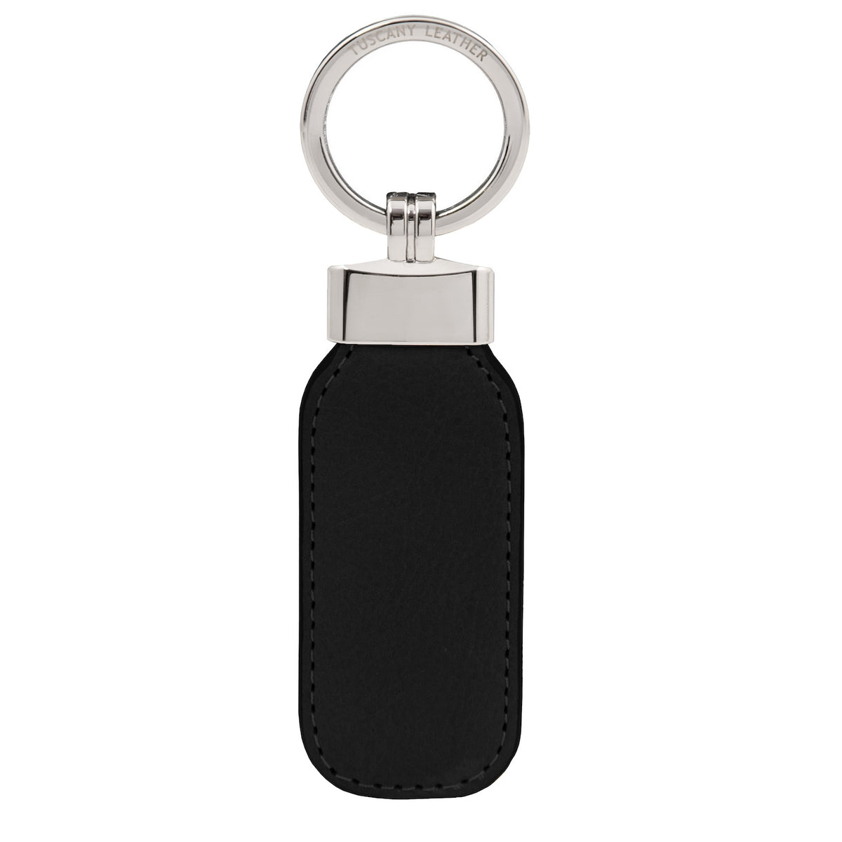 A black leather keychain with a silver-tone metal ring and a polished silver-tone metal connector, shown against a plain white background.