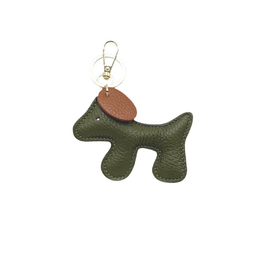 Handmade two-tone leather puppy keyring in olive green and tan - San Rocco Italia