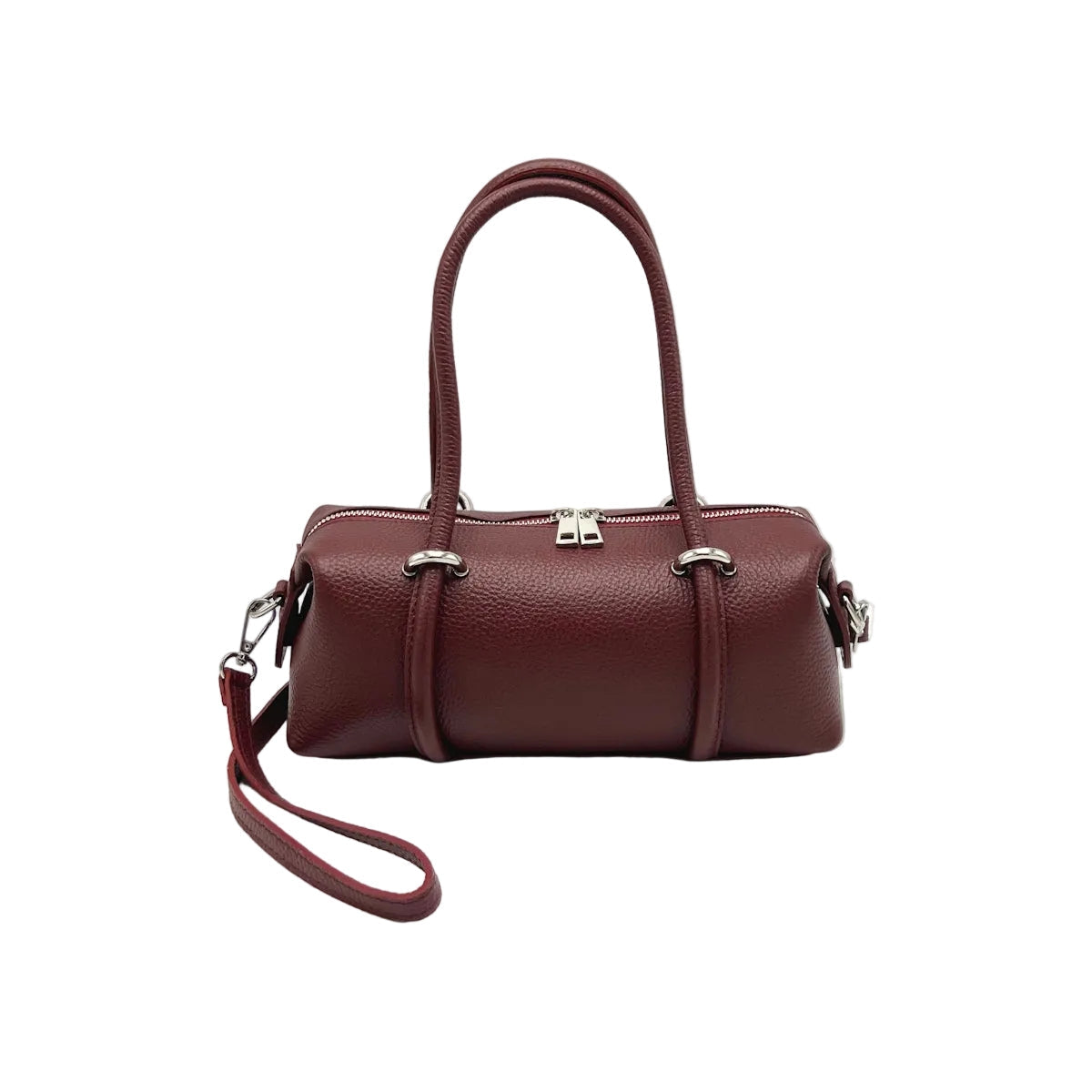 Burgundy handbag with a strap on a white background