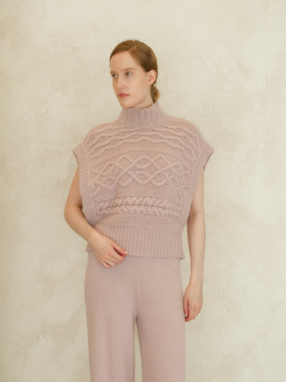 Soft pink cashmere mix maxi cable tunic with a high ribbed neck and chunky front cable pattern