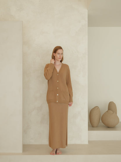 Cashmere Blend High-Waist Long Skirt With Side Slit (3D-Knit)
