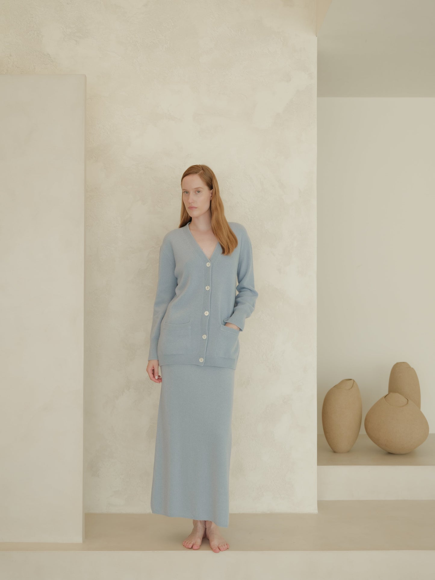 Cashmere Blend High-Waist Long Skirt With Side Slit (3D-Knit)