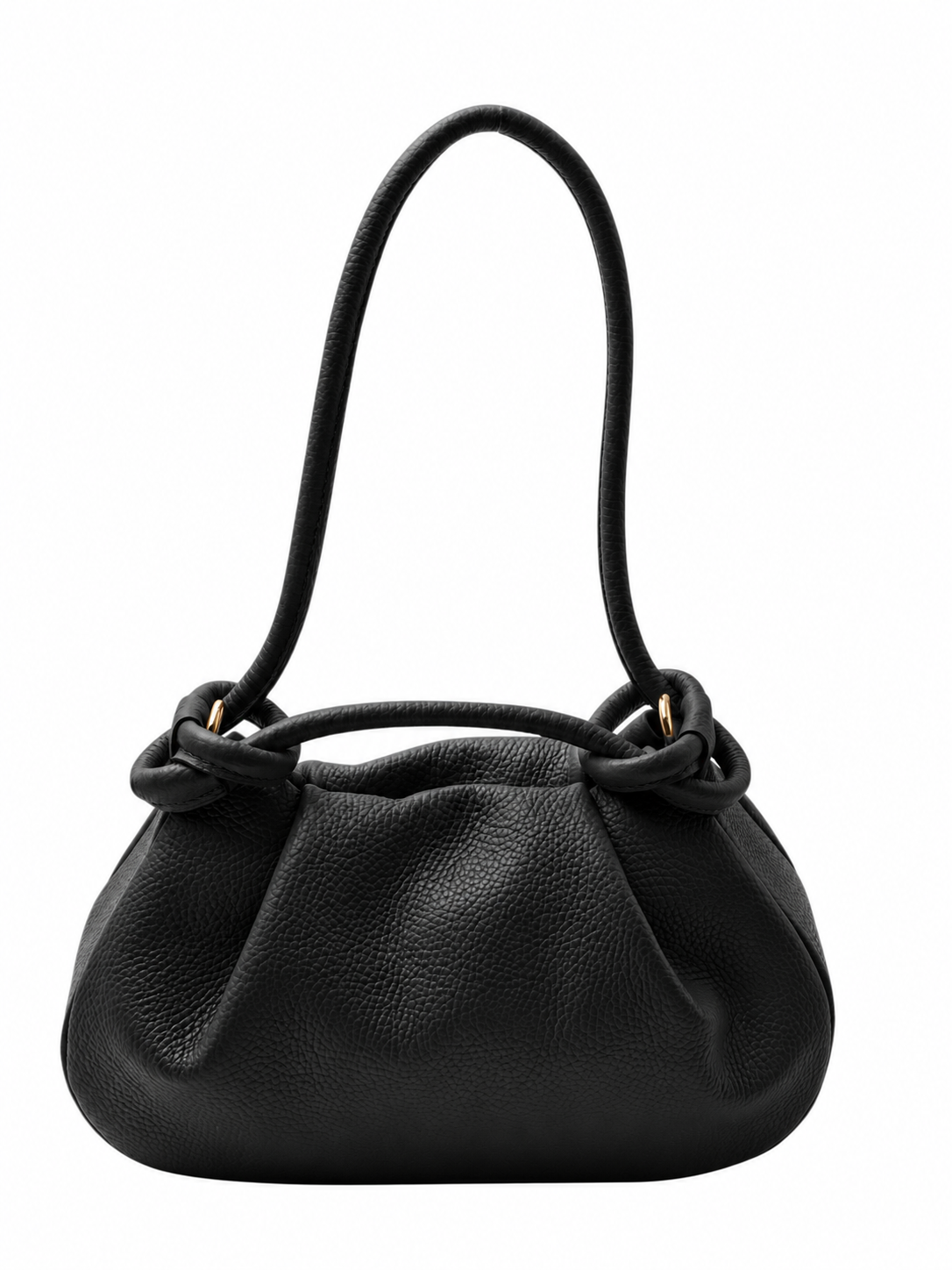 A black pebbled leather shoulder bag with a single integrated handle, featuring a gathered, slouchy silhouette and decorative knot-like detailing at the base of the handle, shown on a plain white background.