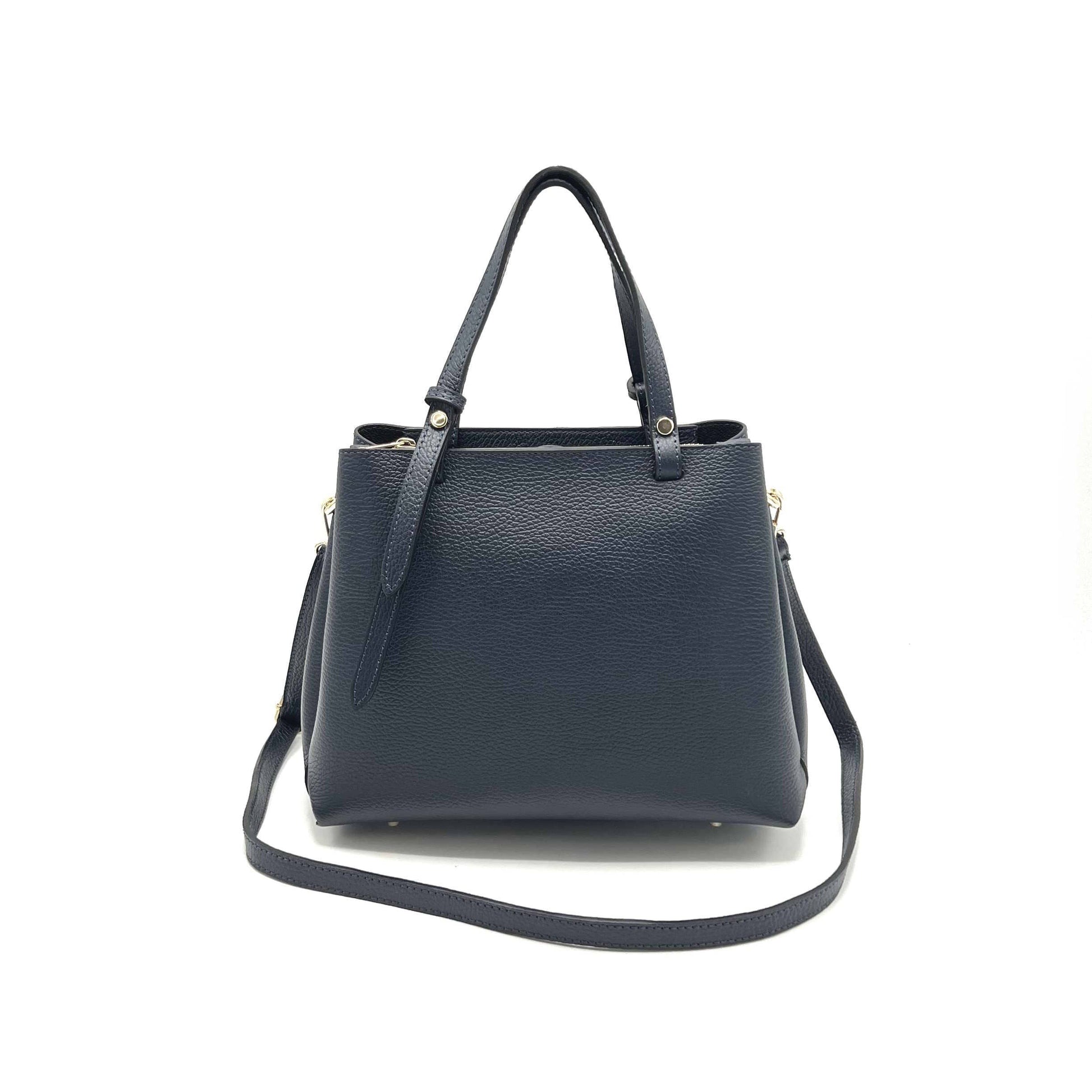 Navy blue handbag with a shoulder strap on a white background