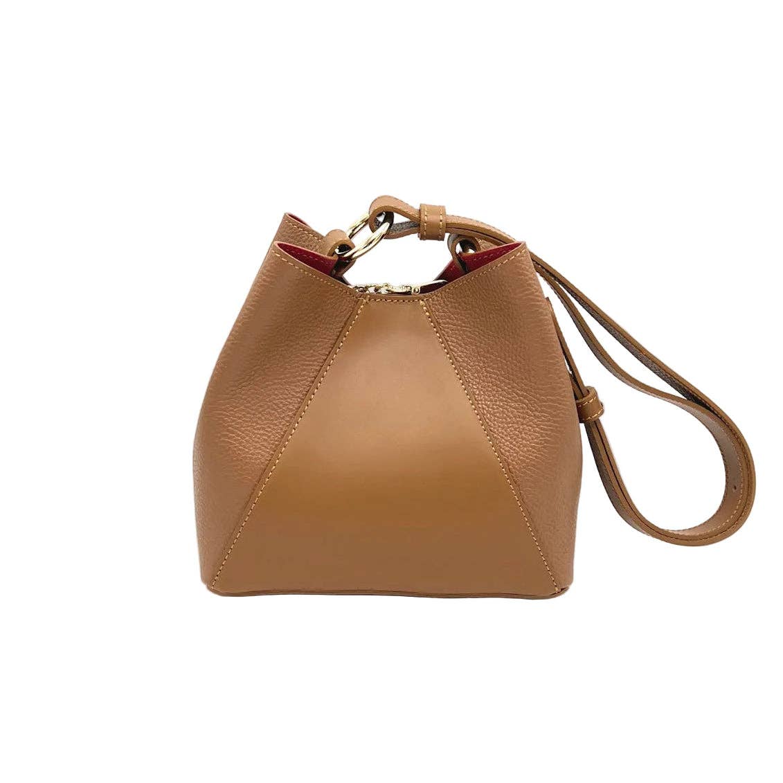 Tan Bolgheri leather handbag with a strap on a white background