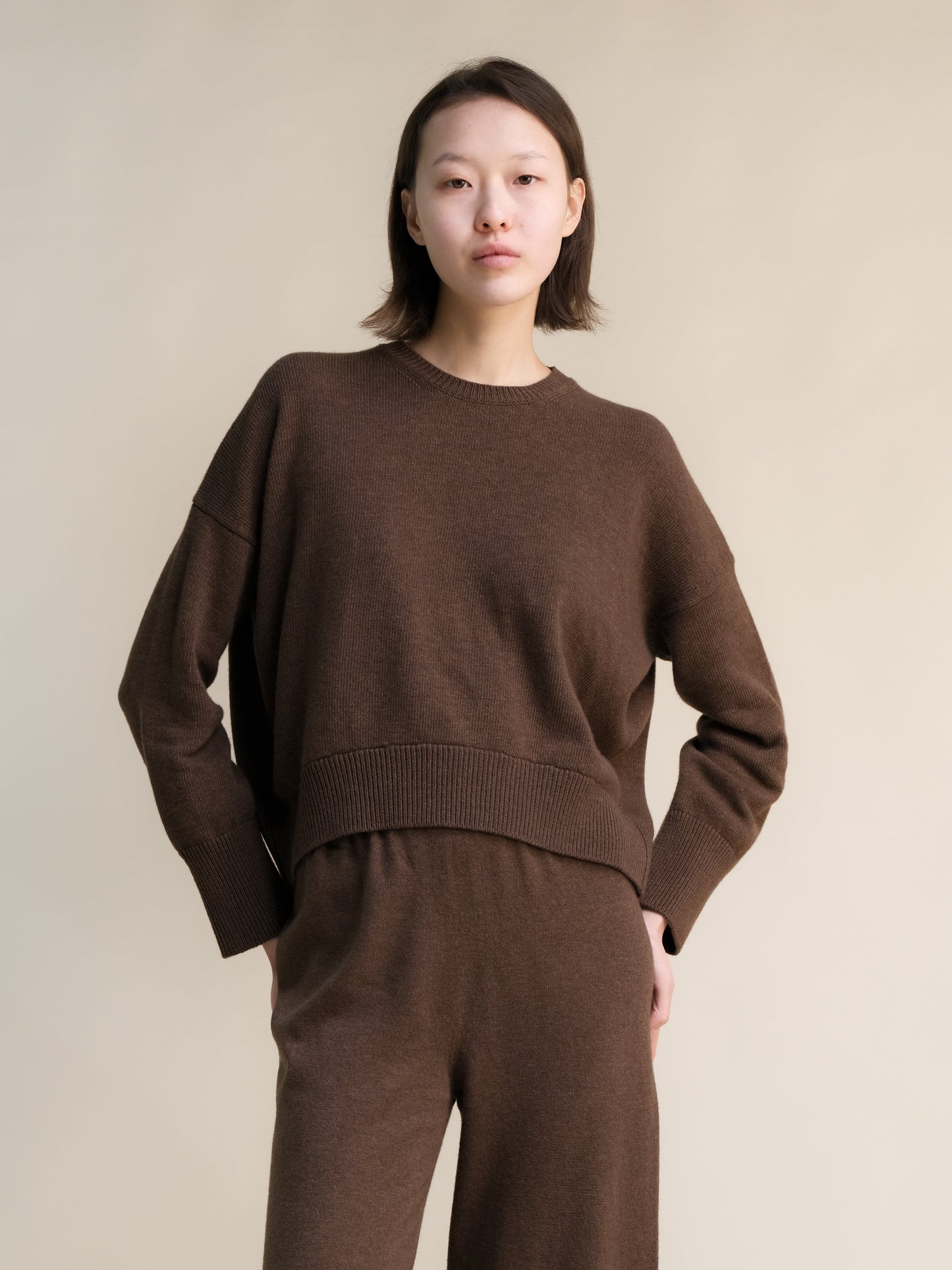 Female model wearing a brown cashmere mix crewneck sweater with a cropped ribbed hem and matching knit pants