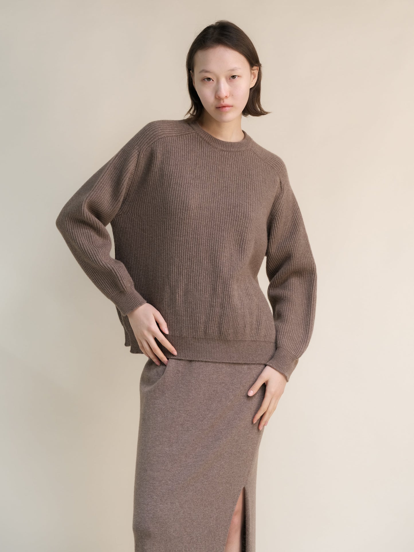 Model wearing a brown cashmere mix crewneck ribbed sweater with a relaxed fit and side slits.