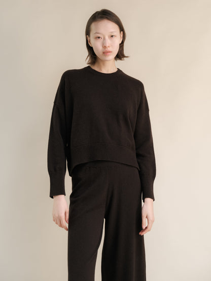 Model wearing a dark brown cashmere mix crewneck sweater with matching wide-leg pants.