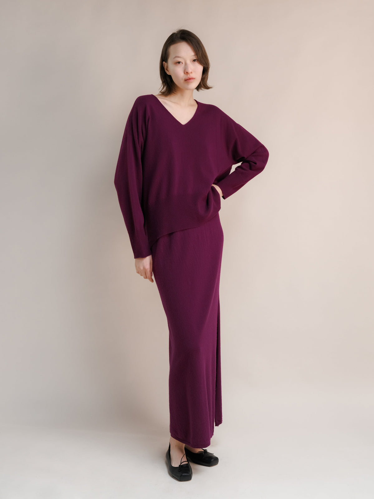 Cashmere Blend High-Waist Long Skirt With Side Slit (3D-Knit)