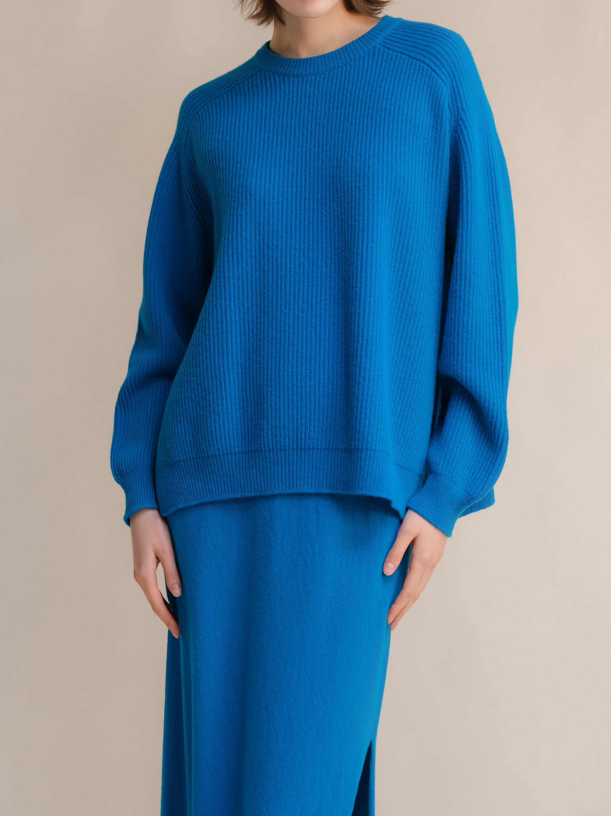 Bright blue ribbed crewneck sweater with side slits worn by a model against a neutral background