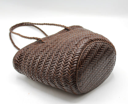 Carmel- Hand Woven Leather Shoulder Bucket Bag Chocolate