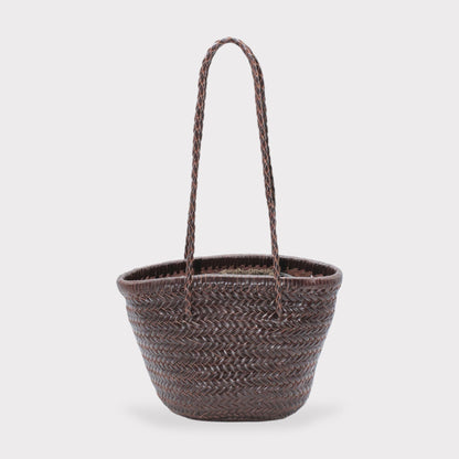 Carmel- Hand Woven Leather Shoulder Bucket Bag Chocolate
