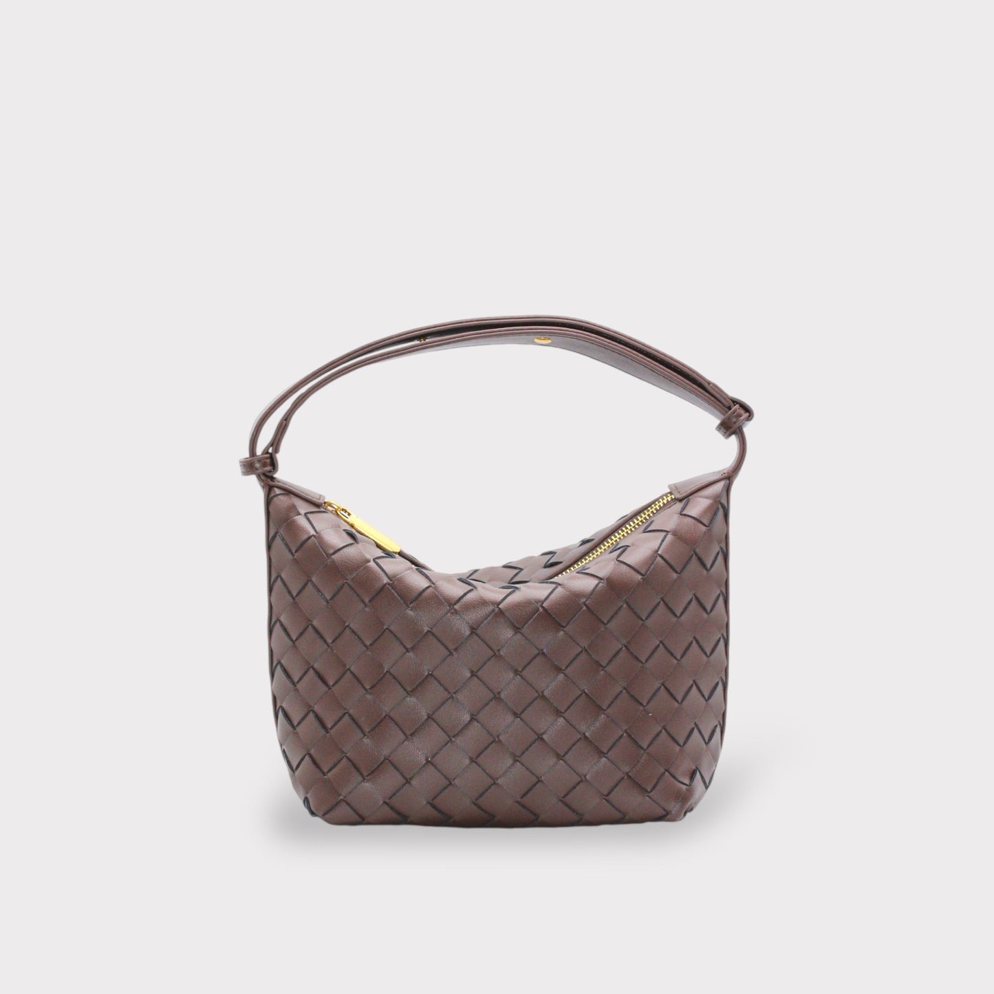 Chocolate brown genuine leather woven boxed pouch bag with a gold zipper and slim shoulder strap