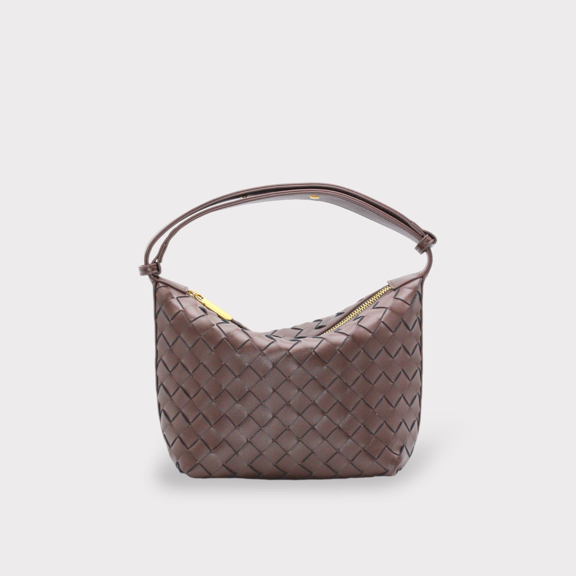 Chocolate brown genuine leather woven boxed pouch bag with a gold zipper and slim shoulder strap