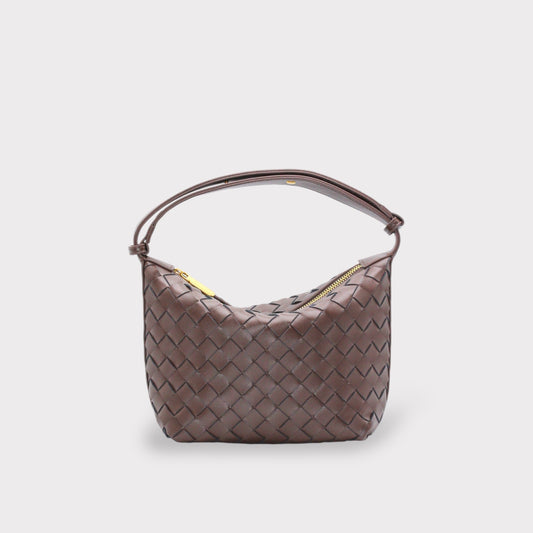 Chocolate brown genuine leather woven boxed pouch bag with a gold zipper and slim shoulder strap