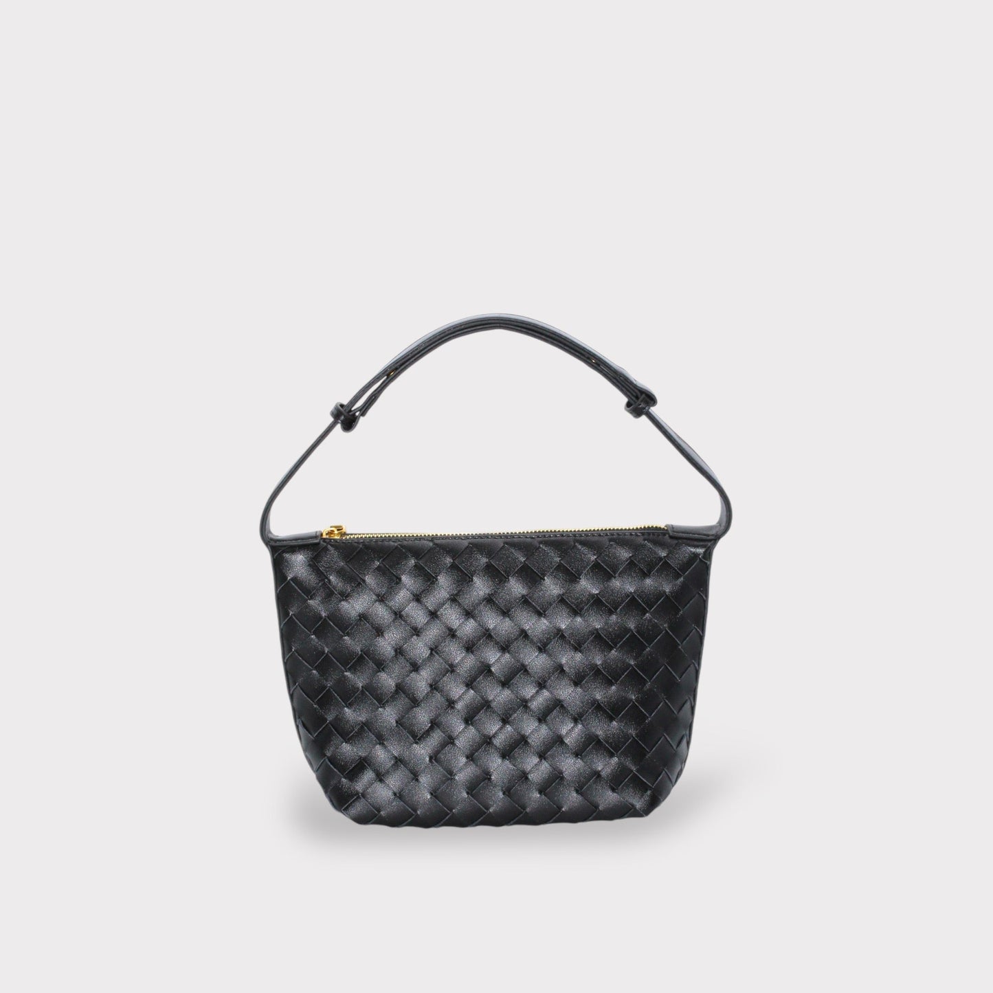 Schwarz genuine leather woven boxed pouch bag with gold zipper and Tragegriff