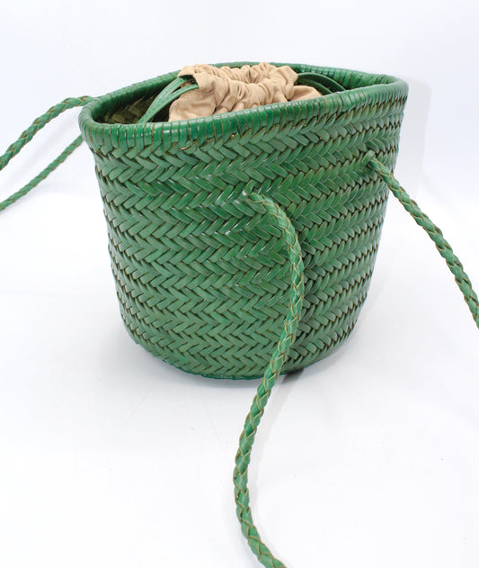 Carmel - Hand Woven Full-Grain Leather Bucket Bag Green