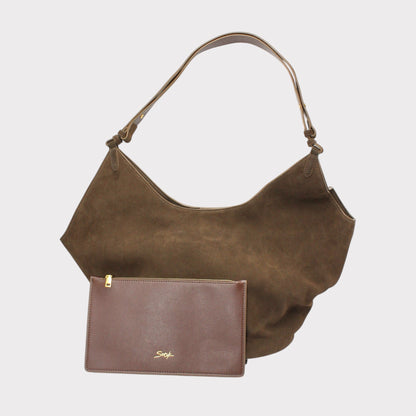 Borsa tote Elsa in camoscio con manico cuoio e portafoglio marrone