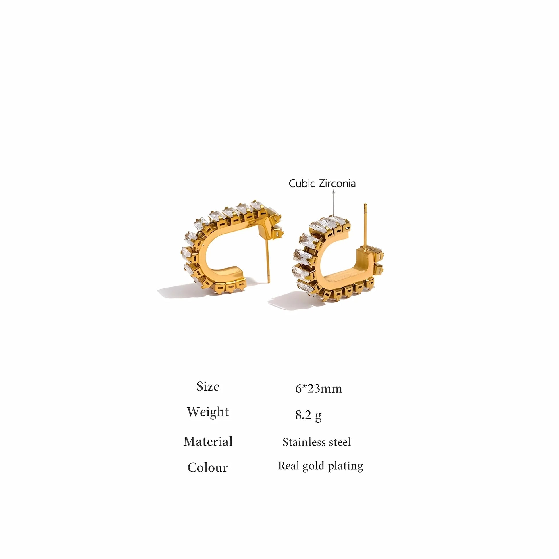 Gold-plated C-shaped hoop earrings with cubic zirconia stones, shown on a white background with product specifications text below.
