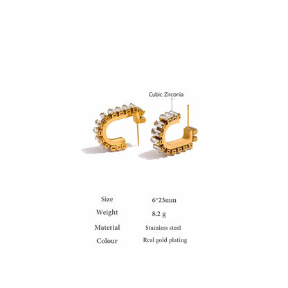 Gold-plated C-shaped hoop earrings with cubic zirconia stones, shown on a white background with product specifications text below.