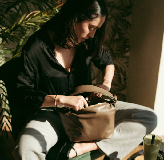 Evy - Genuine Leather Pouch Shoulder Bag - Taupe