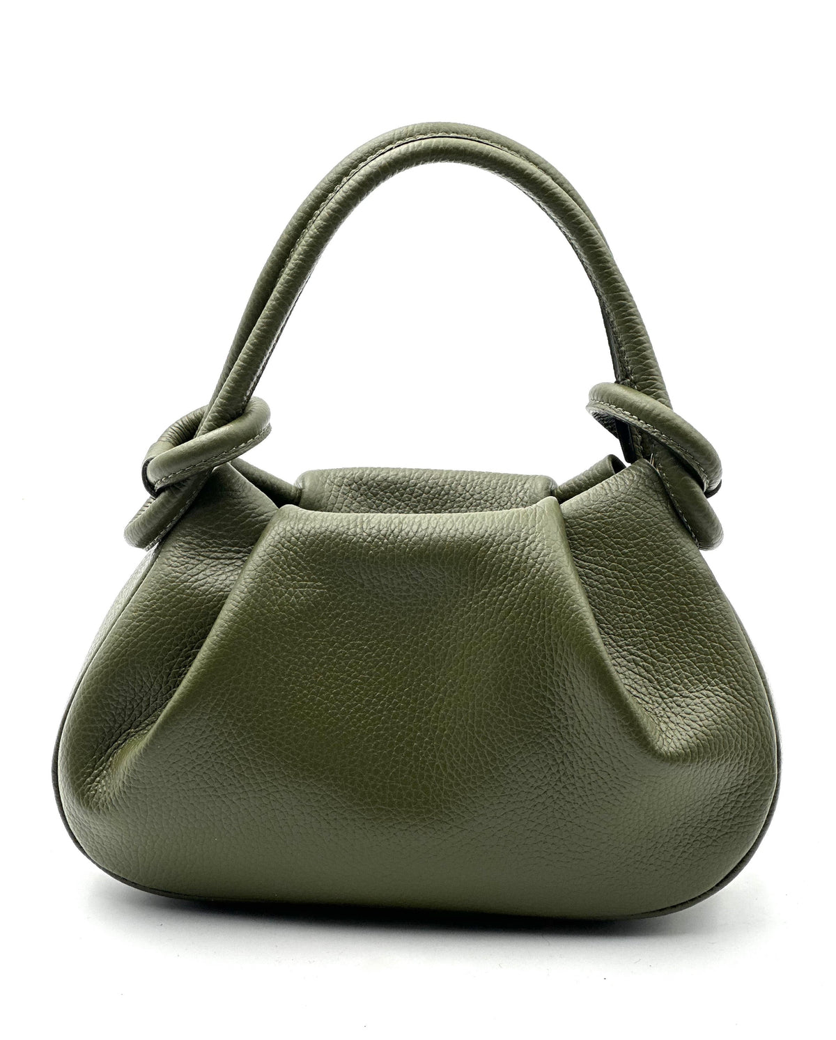 An olive green pebbled leather handbag with a top handle knotted on both sides, shown against a plain white background.