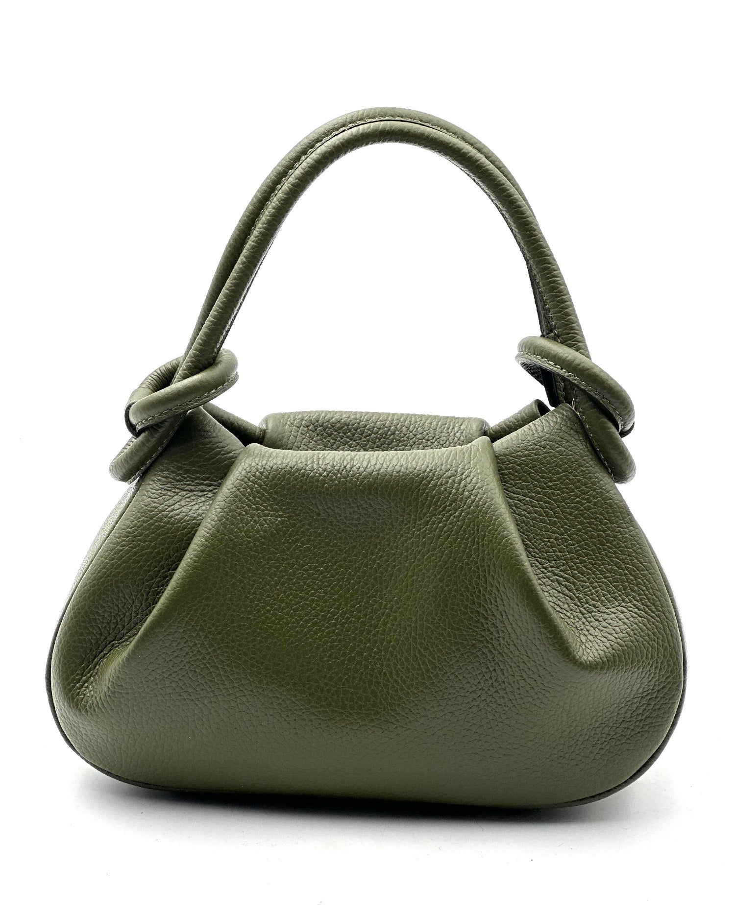 An olive green pebbled leather handbag with a top handle knotted on both sides, shown against a plain white background.
