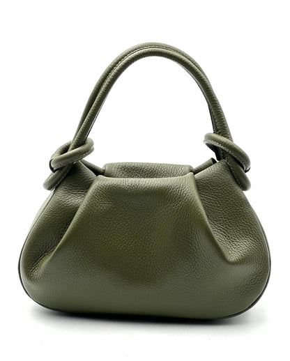 An olive green pebbled leather handbag with a top handle knotted on both sides, shown against a plain white background.