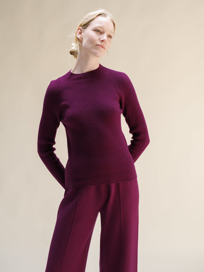 Plum cashmere mix ribbed mock neck sweater worn by model