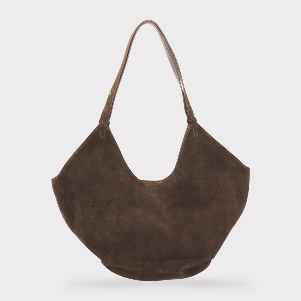 Borsa tote Elsa a barca in camoscio marrone scuro con bordo superiore curvo e due spallacci