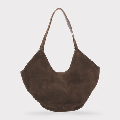 Borsa tote Elsa a barca in camoscio marrone scuro con bordo superiore curvo e due spallacci