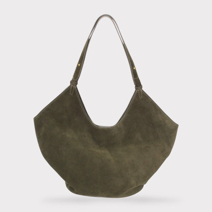 Borsa tote Elsa in camoscio verde oliva con base curva e due spallacci