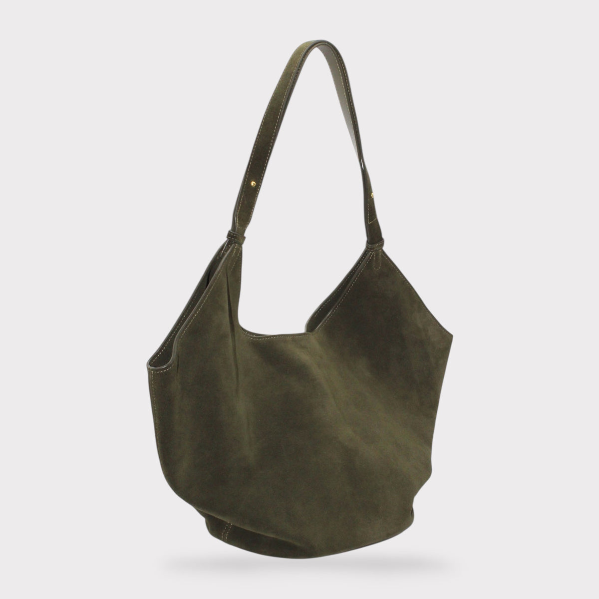 Borsa tote a barca in camoscio verde oliva con un’ampia tracolla