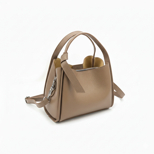 Taupe Pienza tote handbag with a shoulder strap on a white background