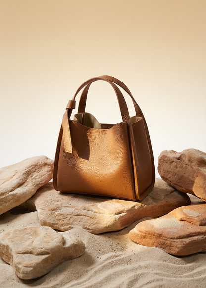 Brown leather handbag on a sandy surface with rocks