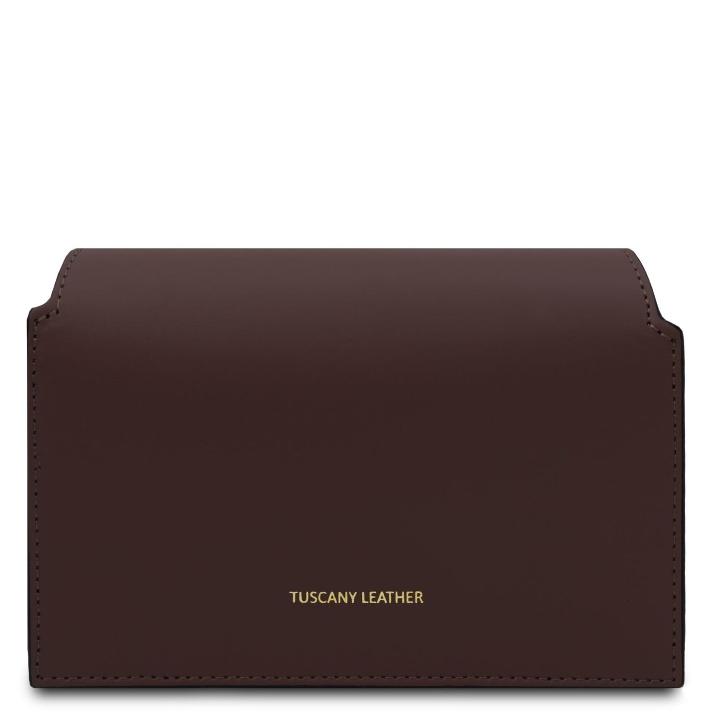 Chocolate brown leather wallet with 'Tuscany Leather' branding on a white background