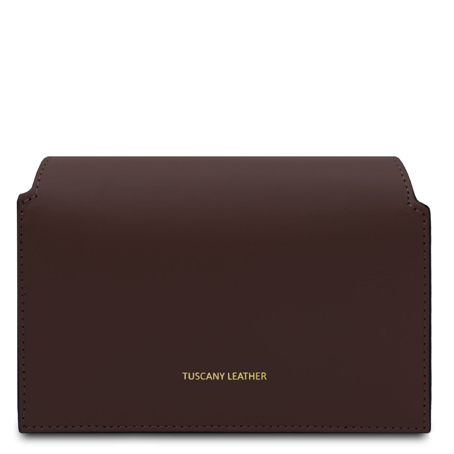 Chocolate brown leather wallet with 'Tuscany Leather' branding on a white background