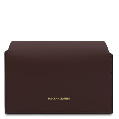 Chocolate brown leather wallet with 'Tuscany Leather' branding on a white background
