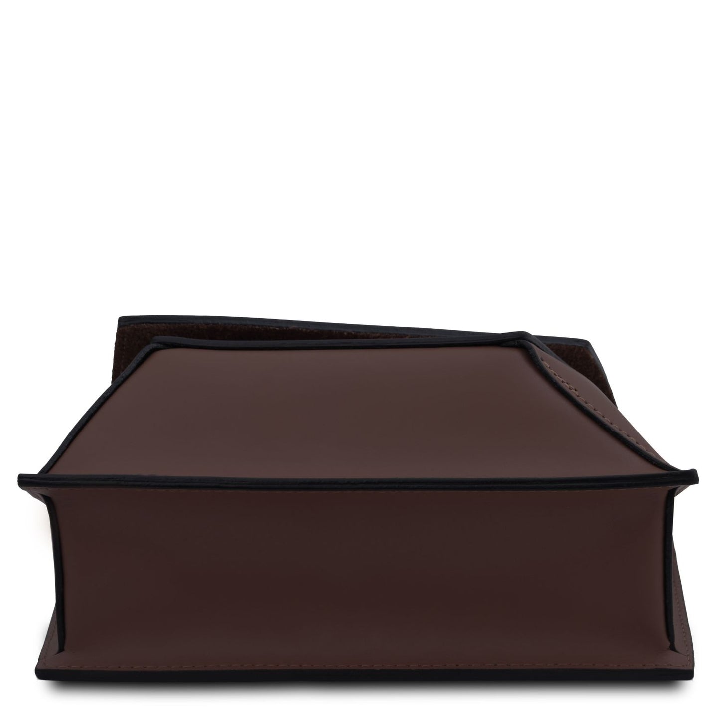 Bottom view of a chocolate brown leather crossbody bag on a white background