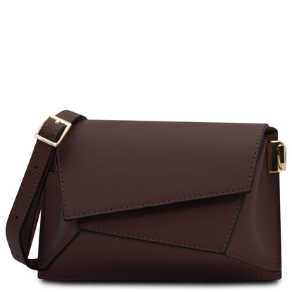 A dark brown leather crossbody bag with a flap closure, gold-tone buckle details, and a matching shoulder strap, shown on a plain white background.
