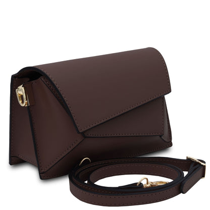 Brown leather crossbody bag with a strap on a white background