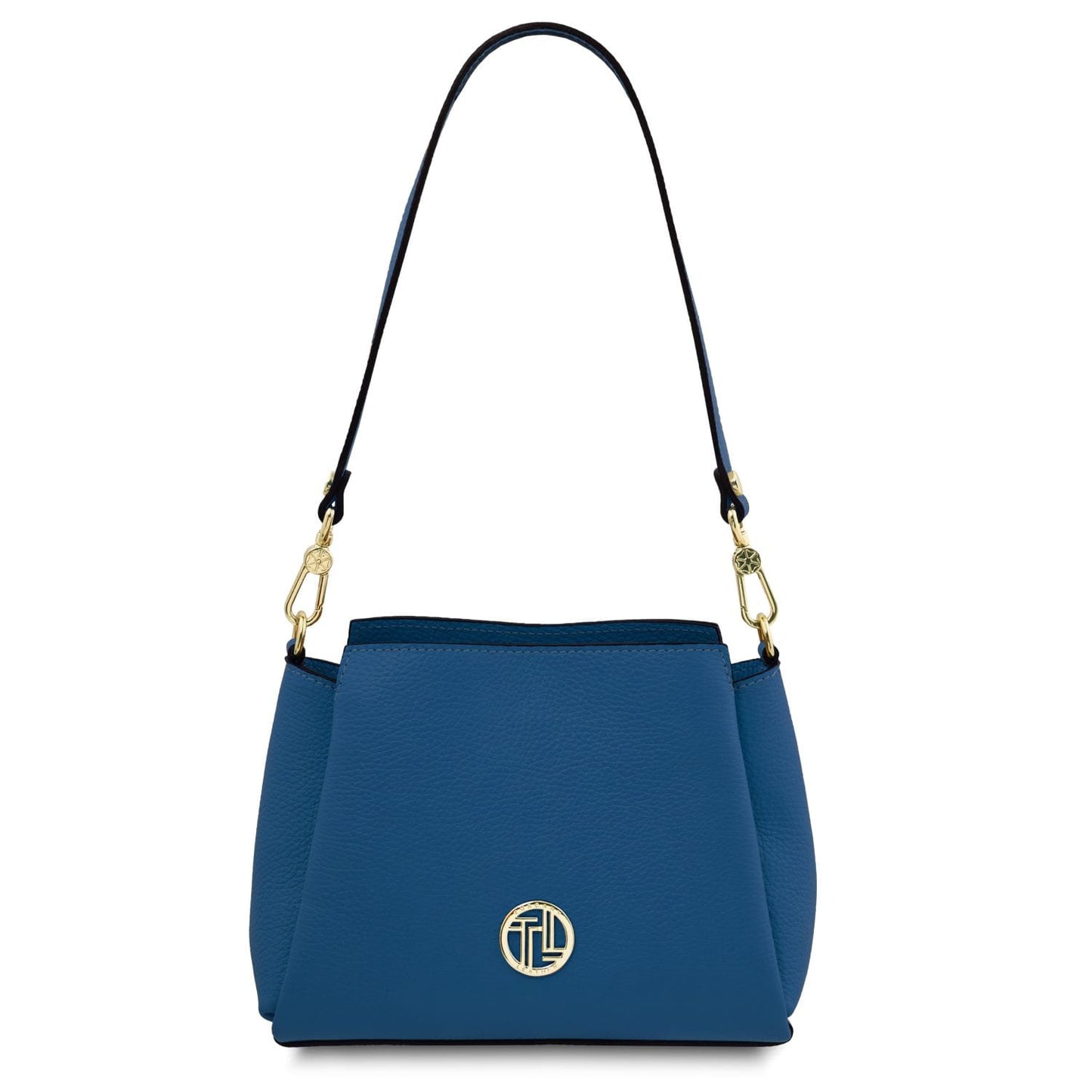 Blue Abby leather shoulder bag with gold-tone hardware and a round front logo emblem